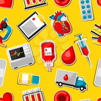 Seamless pattern with blood donation items. Medical and health care sticker objects.