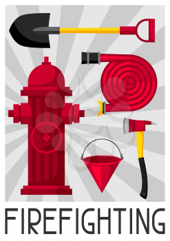 Poster with firefighting items. Fire safety equipment.