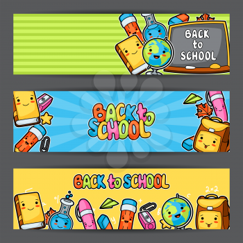 Back to school. Kawaii banners with cute education supplies.