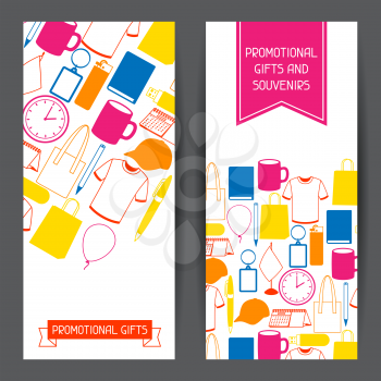 Advertising banners with promotional gifts and souvenirs.