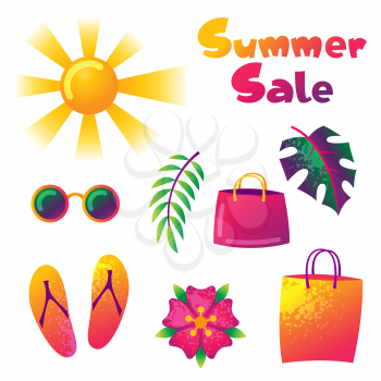 Summer sale colorful elements. Sun, palm leaves and shopping bags.