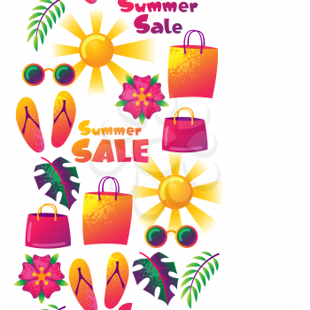 Summer sale seamless pattern with colorful elements. Sun, palm leaves and shopping bags.
