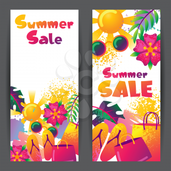 Summer sale banners with colorful elements. Sun, palm leaves and shopping bags.