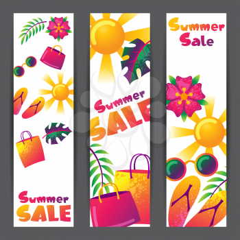Summer sale banners with colorful elements. Sun, palm leaves and shopping bags.