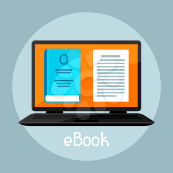 E-book concept. Laptop with book. Digital library online reading.