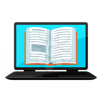 Digital library concept. Laptop with open book. E-book online reading.