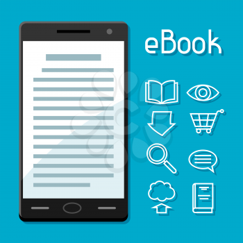 E-book concept. Smart phone with book. Digital library online reading.