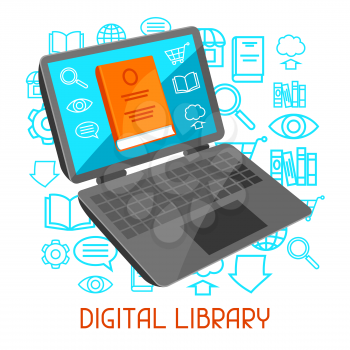 Digital library concept. Laptop with open book. E-book online reading.
