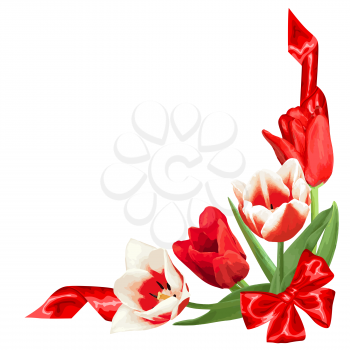 Decorative element with red and white tulips. Beautiful realistic flowers, buds and leaves.