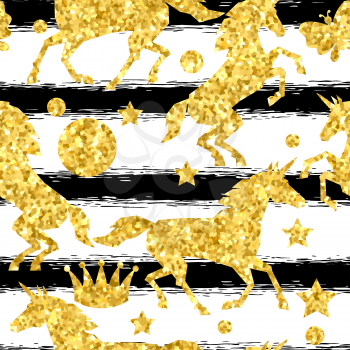 Seamless pattern with unicorns and gold glitter texture.