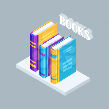 Isometric icon book on bookshelf. Education or bookstore illustration in flat design style.