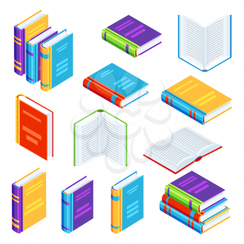 Set of isometric book icons. Education or bookstore illustration in flat design style.