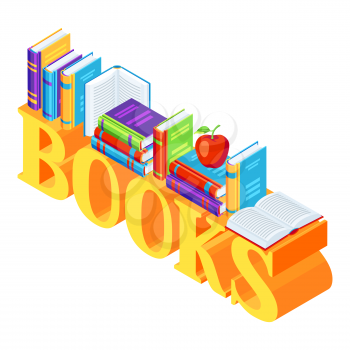 Isometric word with books. Education or bookstore illustration in flat design style.