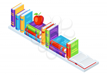 Isometric books on bookshelf. Education or bookstore illustration in flat design style.