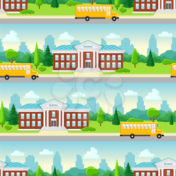 Seamless pattern with school building and bus. City landscape with houses, trees and clouds.
