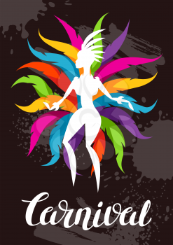 Carnival party background with samba dancer and colorful decorative feathers.