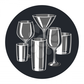 Types of bar glasses. Set of alcohol glassware.