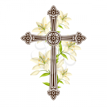 Silhouette of ornate cross with lilies. Happy Easter concept illustration or greeting card. Religious symbols of faith.