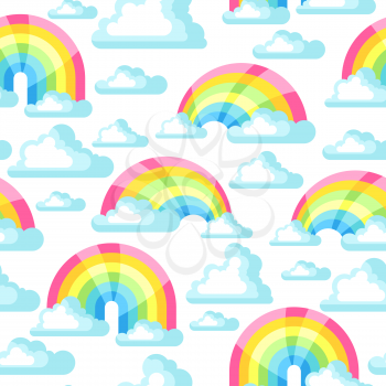 Seamless pattern with fantasy rainbow and clouds in sky.