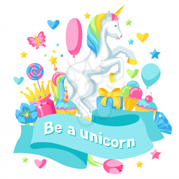 Print or card with unicorn and fantasy items.