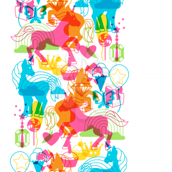 Seamless pattern with unicorns and fantasy items.