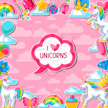I love unicorns. Card with unicorn and fantasy items.