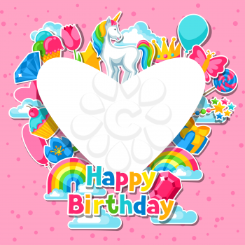 Happy birthday. Card with unicorn and fantasy items.