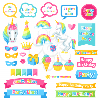 Happy birthday scrapbook patch. Fantasy items and objects for decorations.