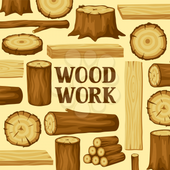 Background with wood logs, trunks and planks. Design for forestry and lumber industry.