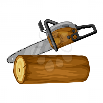 Gasoline saw and wood log. Illustration for forestry and lumber industry.