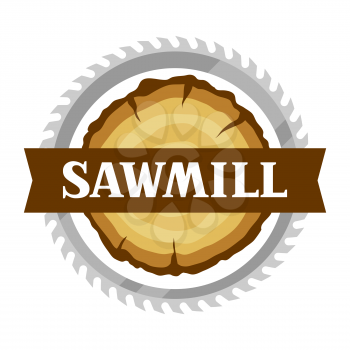 Sawmill label with wood stump and saw. Emblem for forestry and lumber industry.