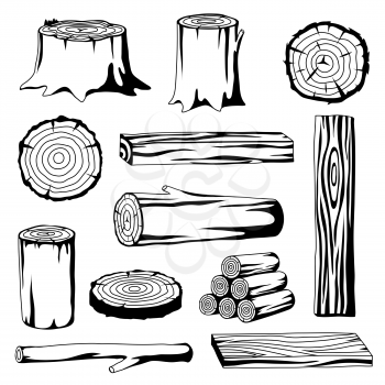Set of wood logs for forestry and lumber industry. Illustration of trunks, stump and planks.