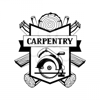 Carpentry label with wood logs and saw. Emblem for forestry and lumber industry.