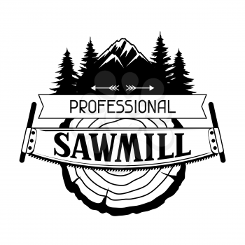 Professional sawmill label with wood stump and saw. Emblem for forestry and lumber industry.