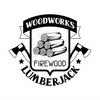 Woodworks label with firewood and axe. Emblem for forestry and lumber industry.