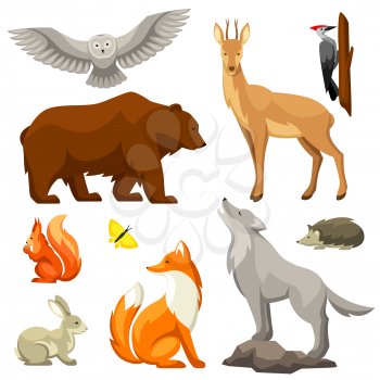 Set of woodland forest animals and birds. Stylized illustration.