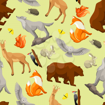Seamless pattern with woodland forest animals and birds. Stylized illustration.