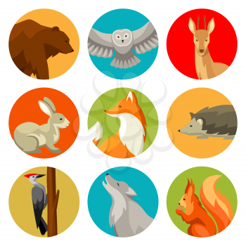 Set of woodland forest animals and birds. Stylized illustration.