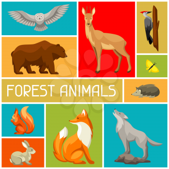 Background with woodland forest animals and birds. Stylized illustration.