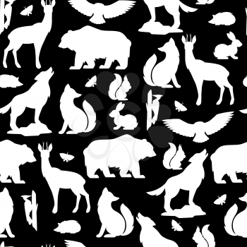 Seamless pattern with woodland forest animals and birds. Stylized illustration.