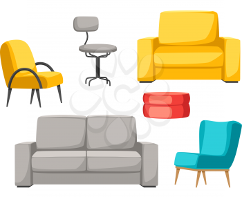 Interior and furniture set. Sofa armchair and pouf.