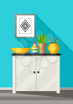 Interior home decor. Cupboard with vases and picture. Illustration in flat style.