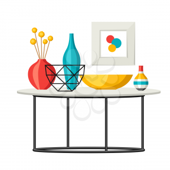 Interior home decor. Table with vases and picture. Illustration in flat style.