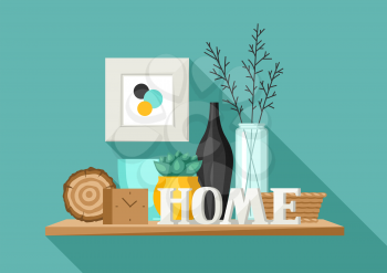 Shelf with home decor. Vase, picture and plant. Illustration in flat style.