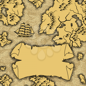 Background with old nautical map. Islands, ships and vintage retro scroll.