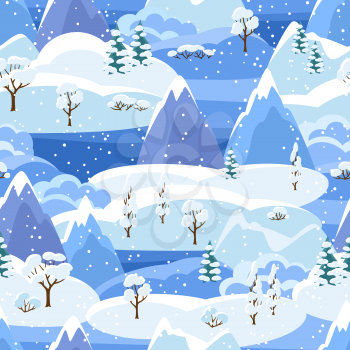 Winter seamless pattern with trees, mountains and hills. Seasonal landscape illustration.