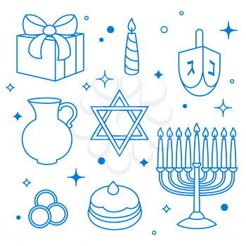 Set of Happy Hanukkah celebration objects and icons.