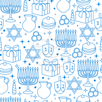 Happy Hanukkah celebration seamless pattern with holiday objects.