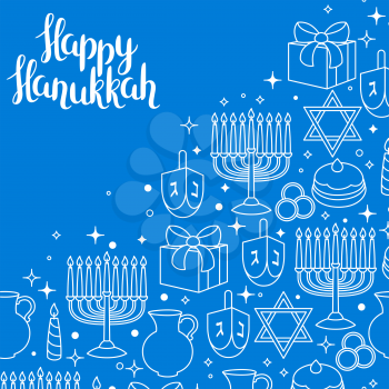 Happy Hanukkah celebration card with holiday objects.