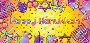 Happy Hanukkah celebration banner with holiday objects.